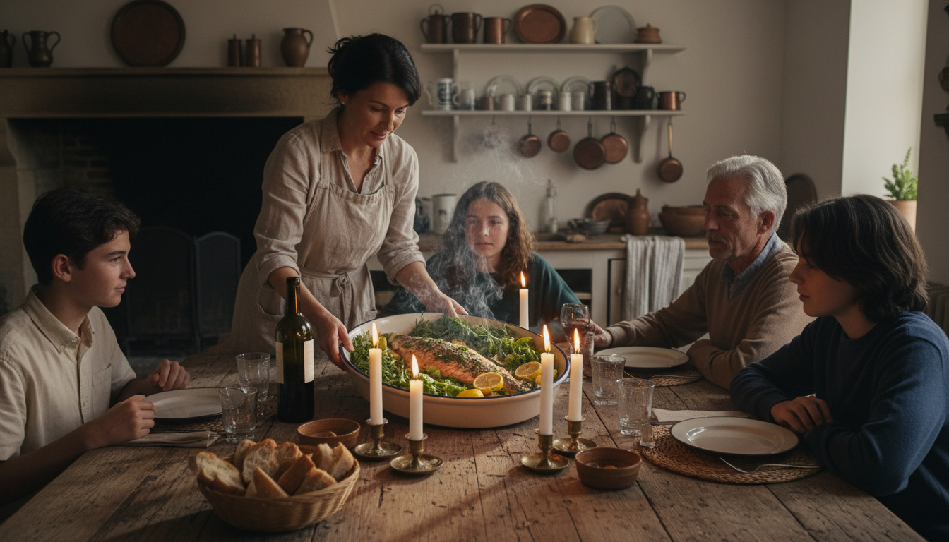 Famille française dégustant un pavé de saumon au dîner