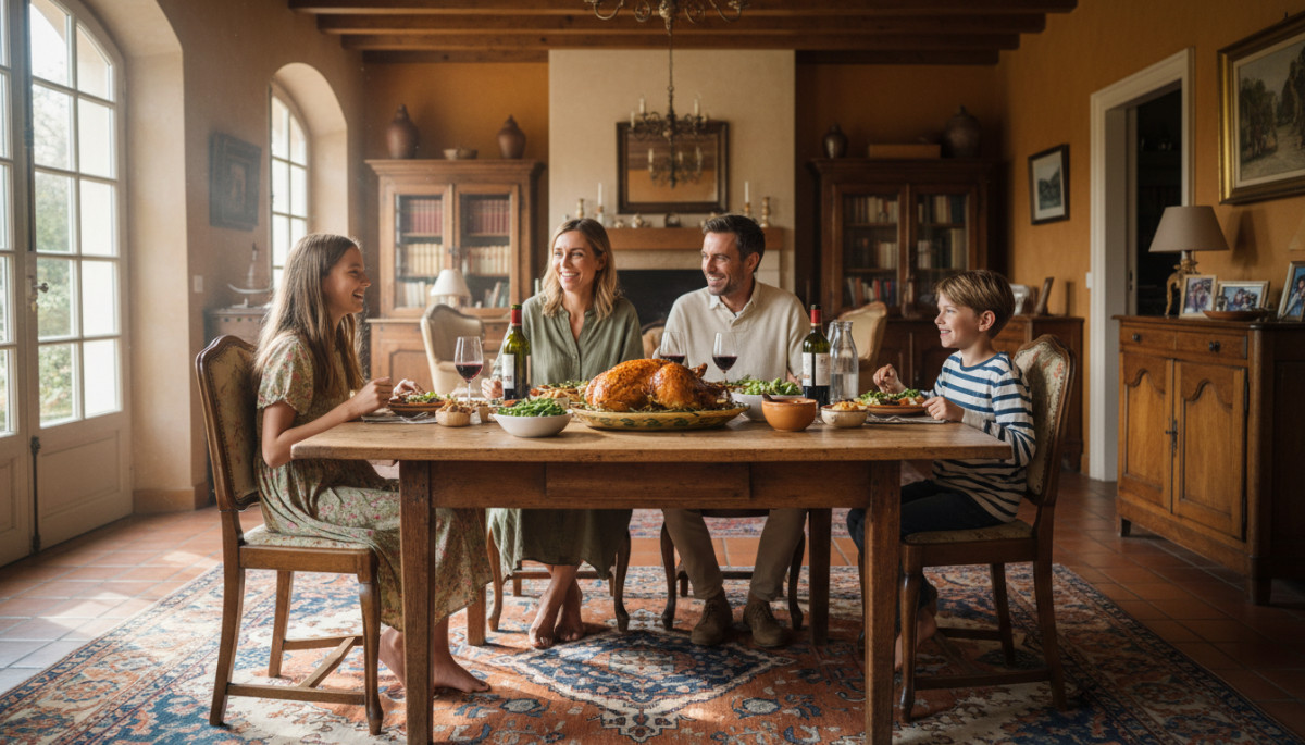 Famille française déjeunant autour d'un poulet rôti dominical