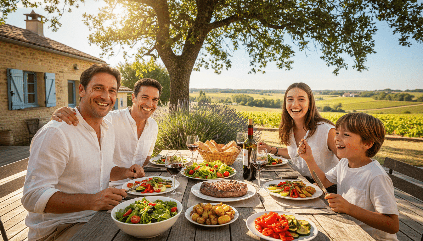 Famille française mangeant un repas équilibré avec viande grillée