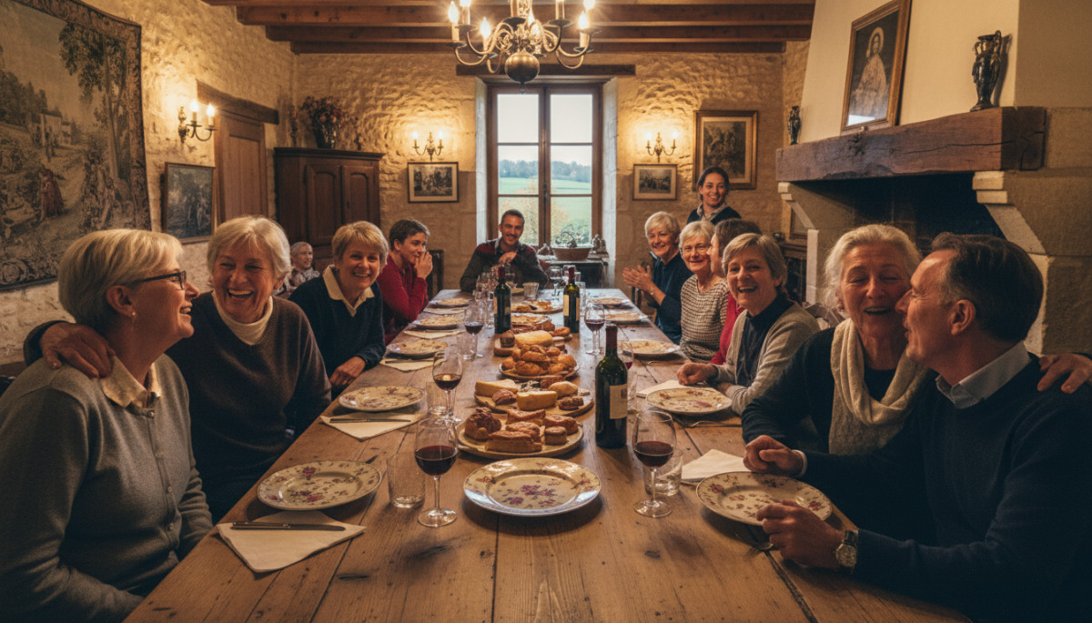 Famille française qui se salue à table avec des bises