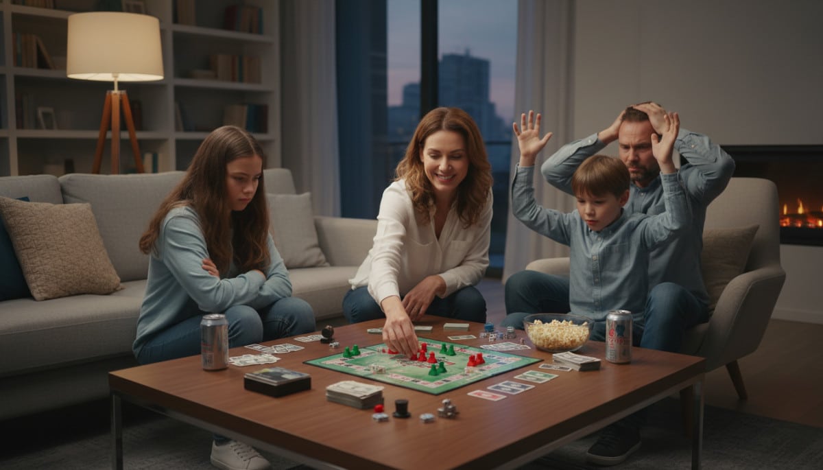 Famille jouant au Monopoly, tension visible autour du plateau