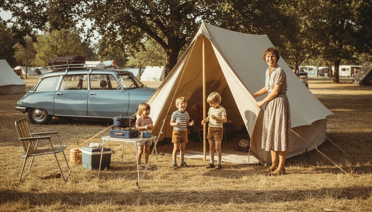 Famille monte une tente vintage en camping dans les années 70