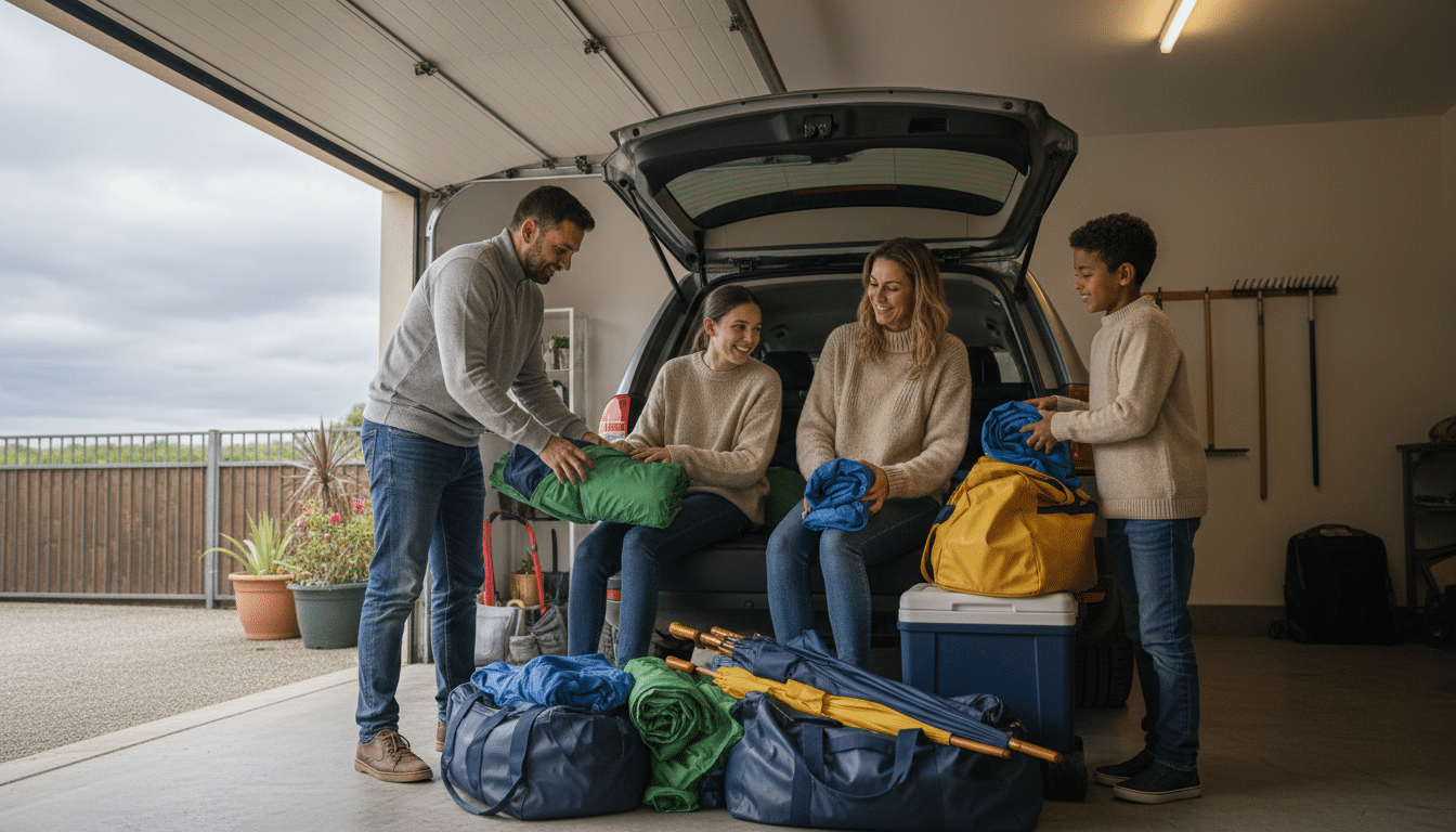 Famille préparant imperméables pour sortie week-end nuageux