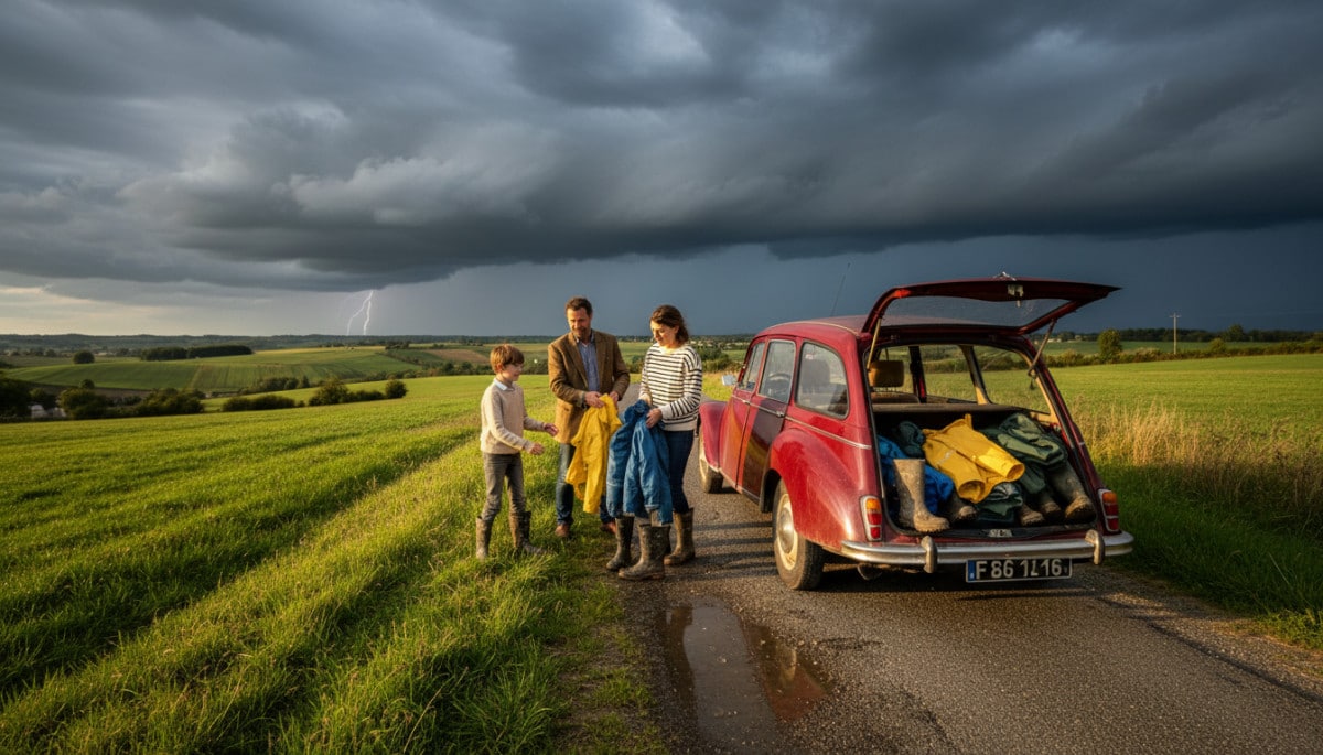 Famille préparant ses affaires pour un week-end pluvieux