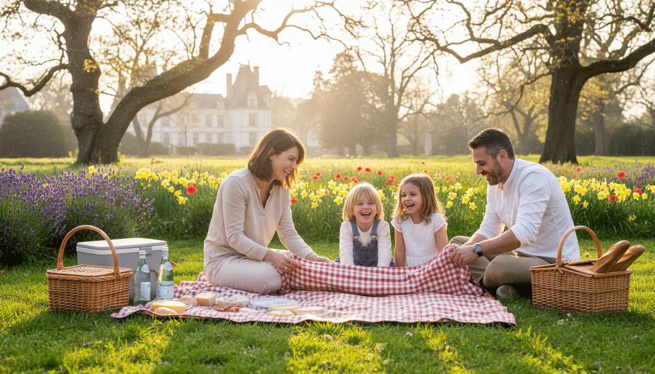 Famille préparant un pique-nique printanier dans un parc