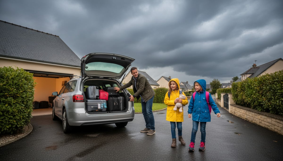 Famille qui part en week-end sous ciel orageux