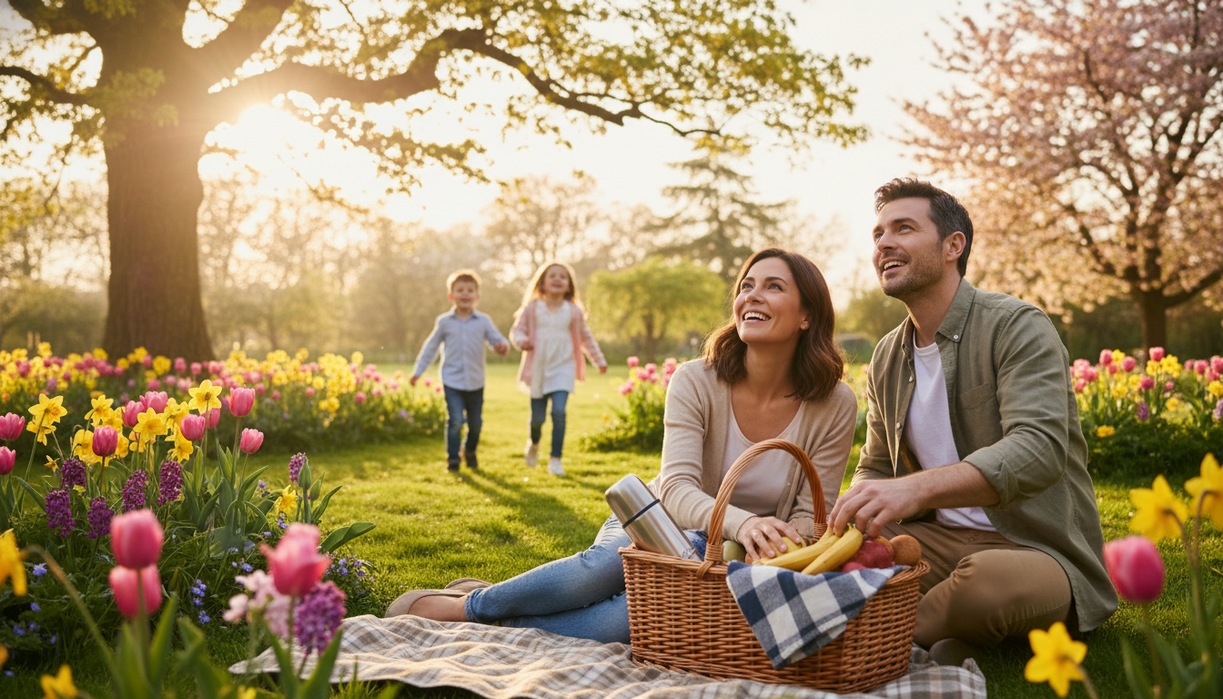 Famille qui prépare un pique-nique au jardin