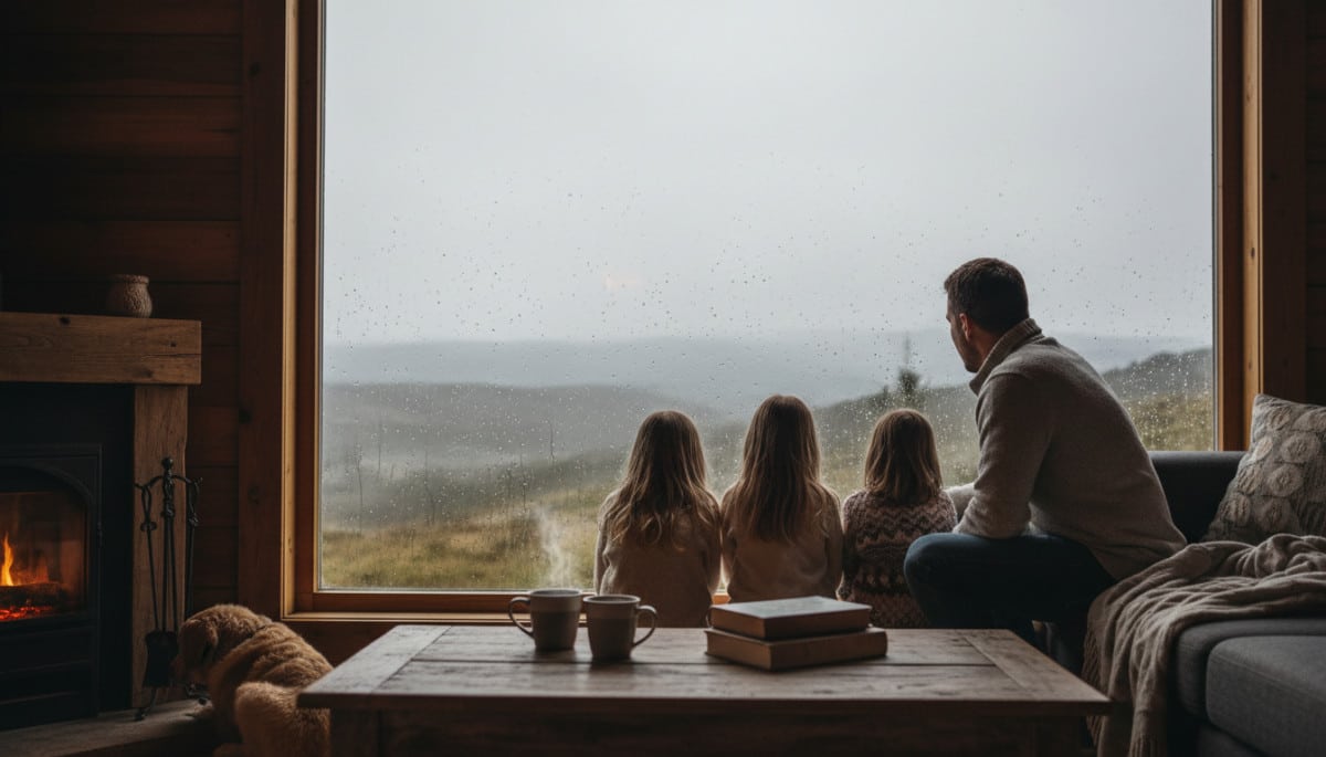 Famille regardant la pluie du week-end depuis l'intérieur