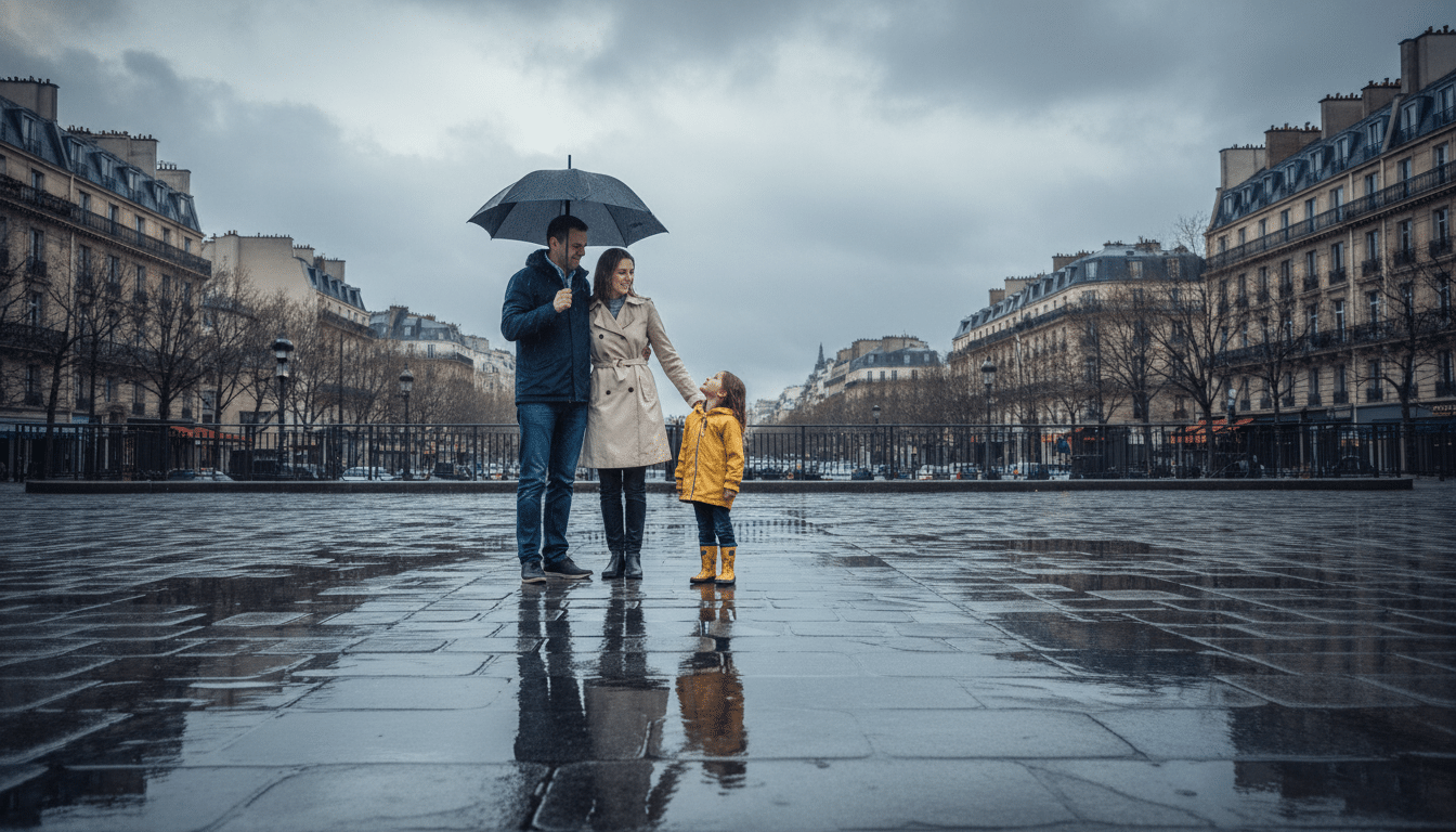 Famille sous la pluie à Paris avec parapluie