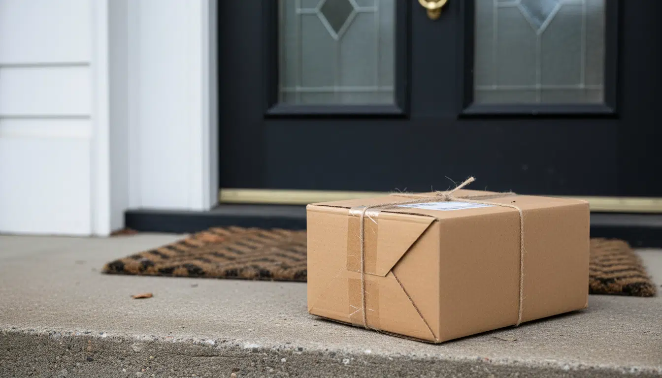 Colis non livré posé devant une porte d'entrée, symbole de la commande jamais reçue par Florie Galli