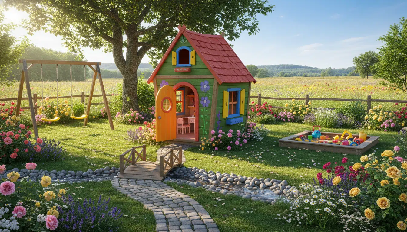 Maisonnette en bois pour enfants dans un jardin ensoleillé, du même type que celle commandée par Florie Galli