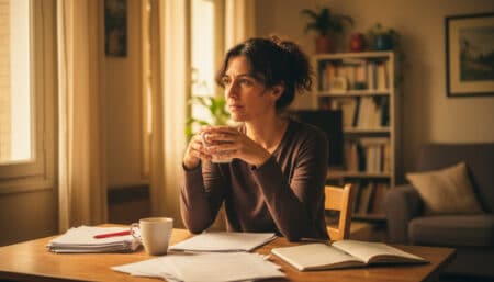 Farida institutrice à Amiens devant ses papiers de budget
