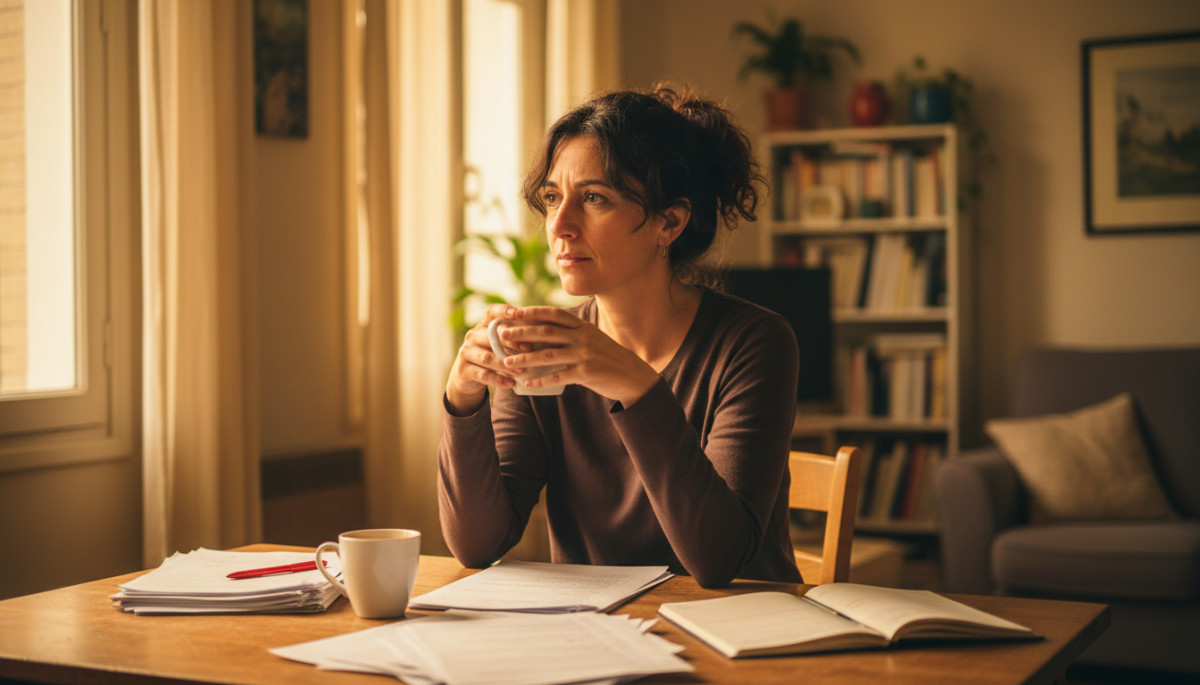 Farida institutrice à Amiens devant ses papiers de budget