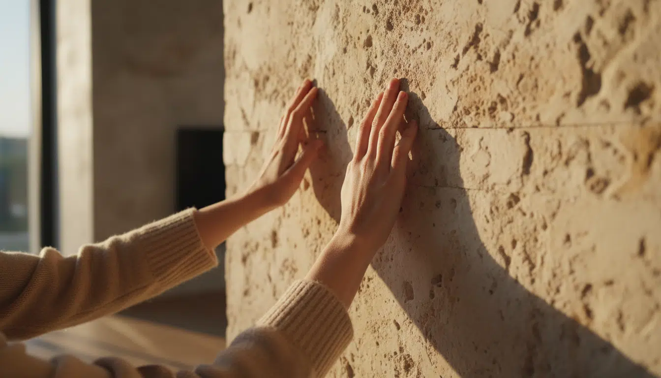 Mains féminines touchant un parement pierre chaud et texturé