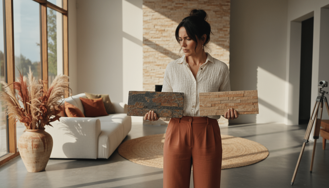 Décoratrice comparant des échantillons de fausse pierre