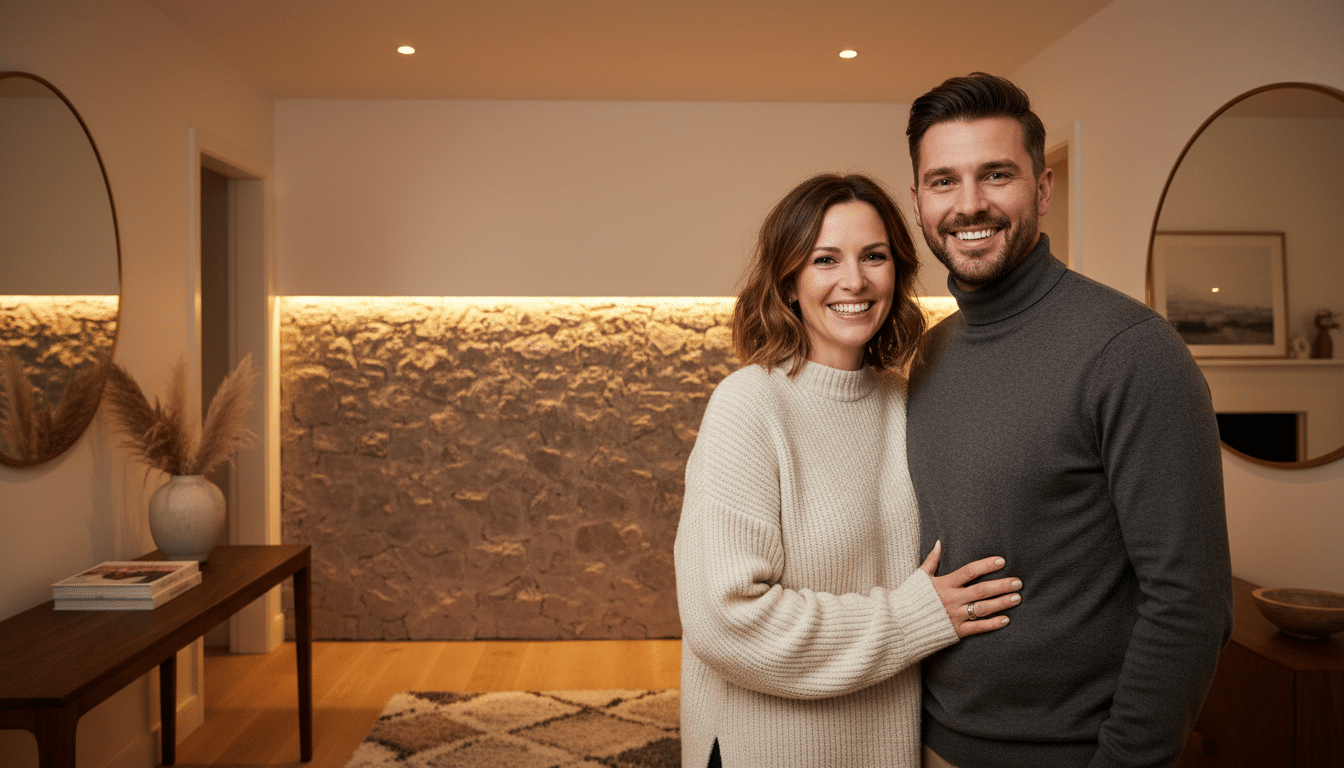 Couple devant un couloir avec parement pierre discret