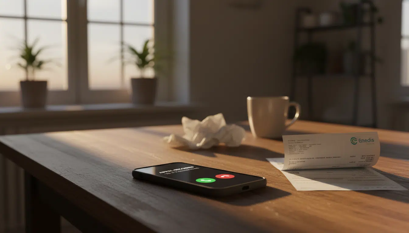 Smartphone affichant un appel inconnu près d'une facture Enedis