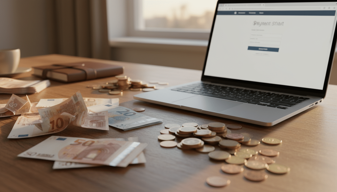 Billets d'euros empilés à côté d'un ordinateur portable