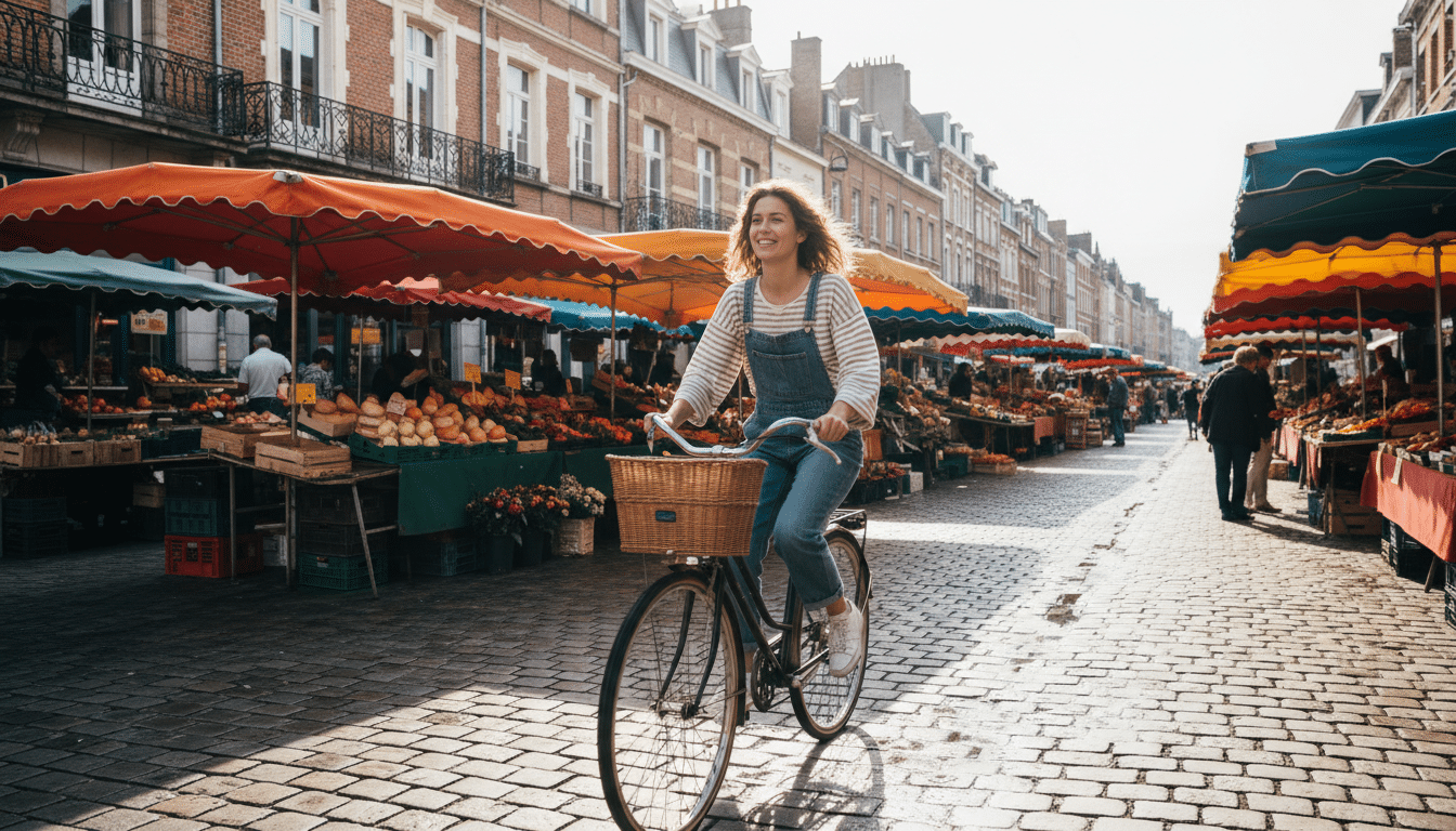 Femme à vélo dans le quartier Wazemmes à Lille