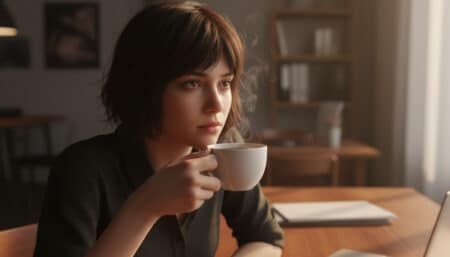 Femme absente fixant le vide au bureau