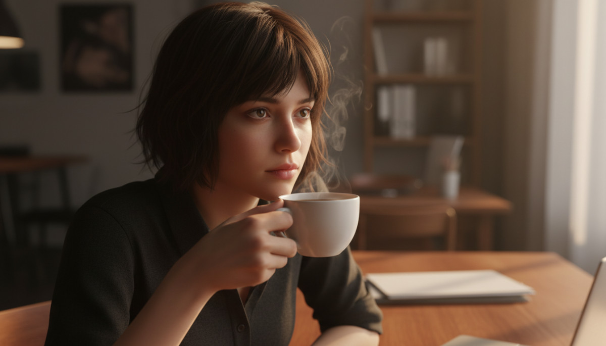 Femme absente fixant le vide au bureau