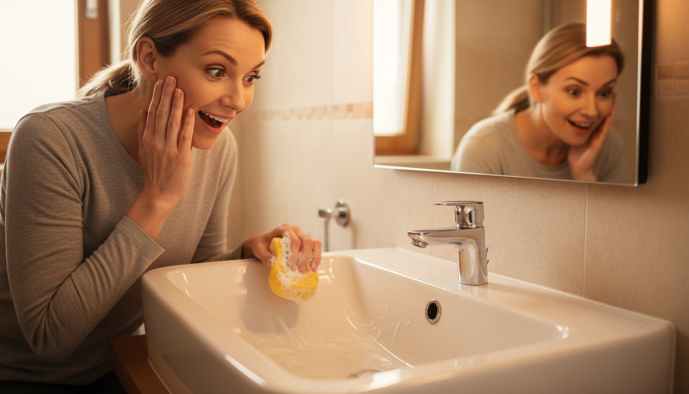 Femme admirant son évier en céramique blanc et brillant