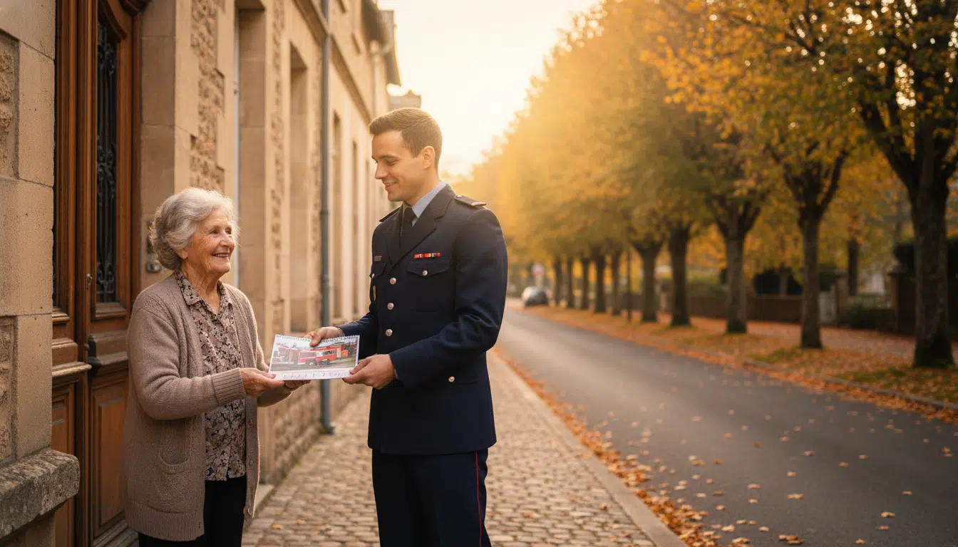 Femme âgée recevant un calendrier d'un pompier