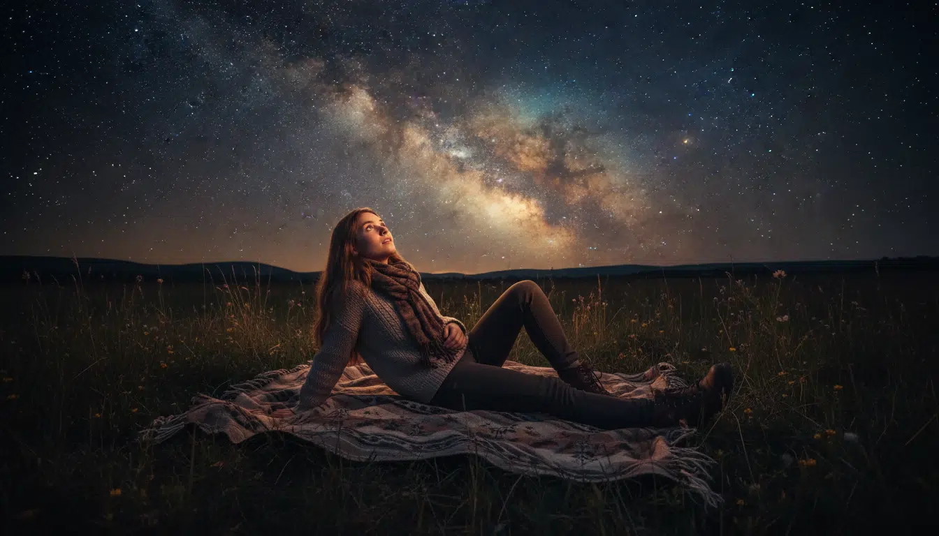 Femme allongée la nuit contemplant les étoiles scintillantes