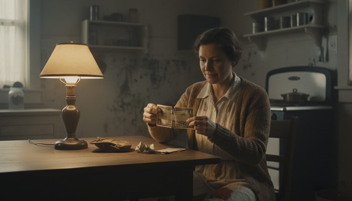 Femme années 1930 réparant billet avec ruban transparent