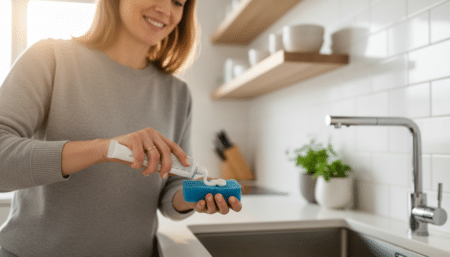 Femme appliquant du dentifrice sur une éponge au-dessus d'un évier