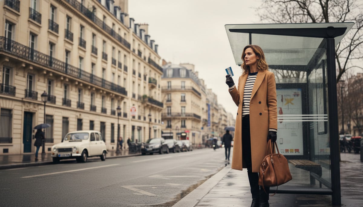 Femme attend le bus dans une ville française