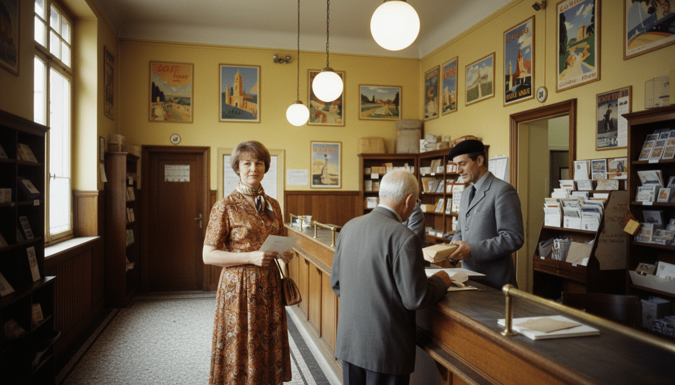 Femme attendant dans un bureau de poste vintage