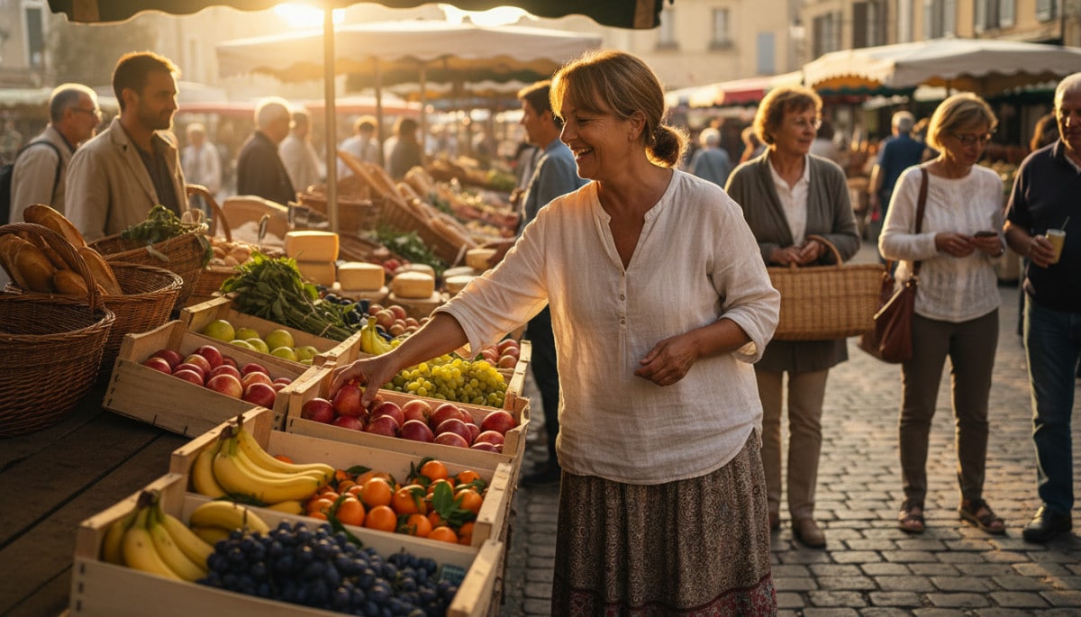 Femme au marché choisissant des fruits frais colorés