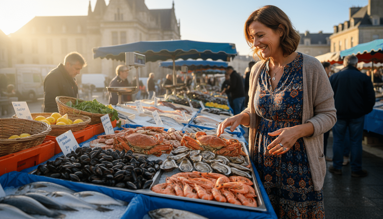 Femme au marché devant un étal de fruits de mer