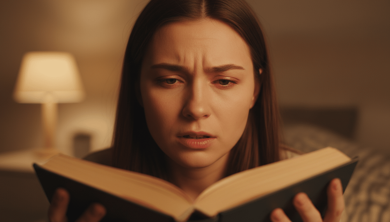Femme aux yeux fatigués lisant dans le noir