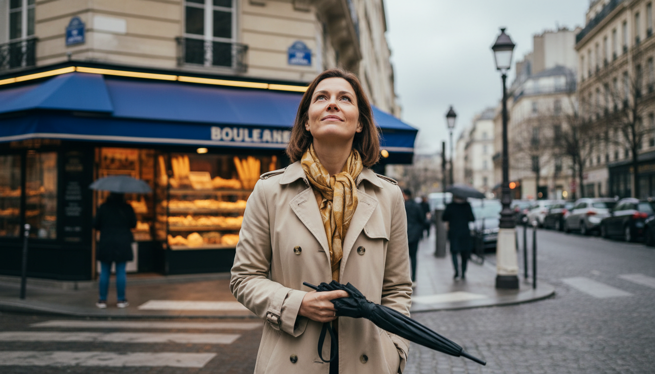 Femme avec parapluie sous ciel gris à Paris