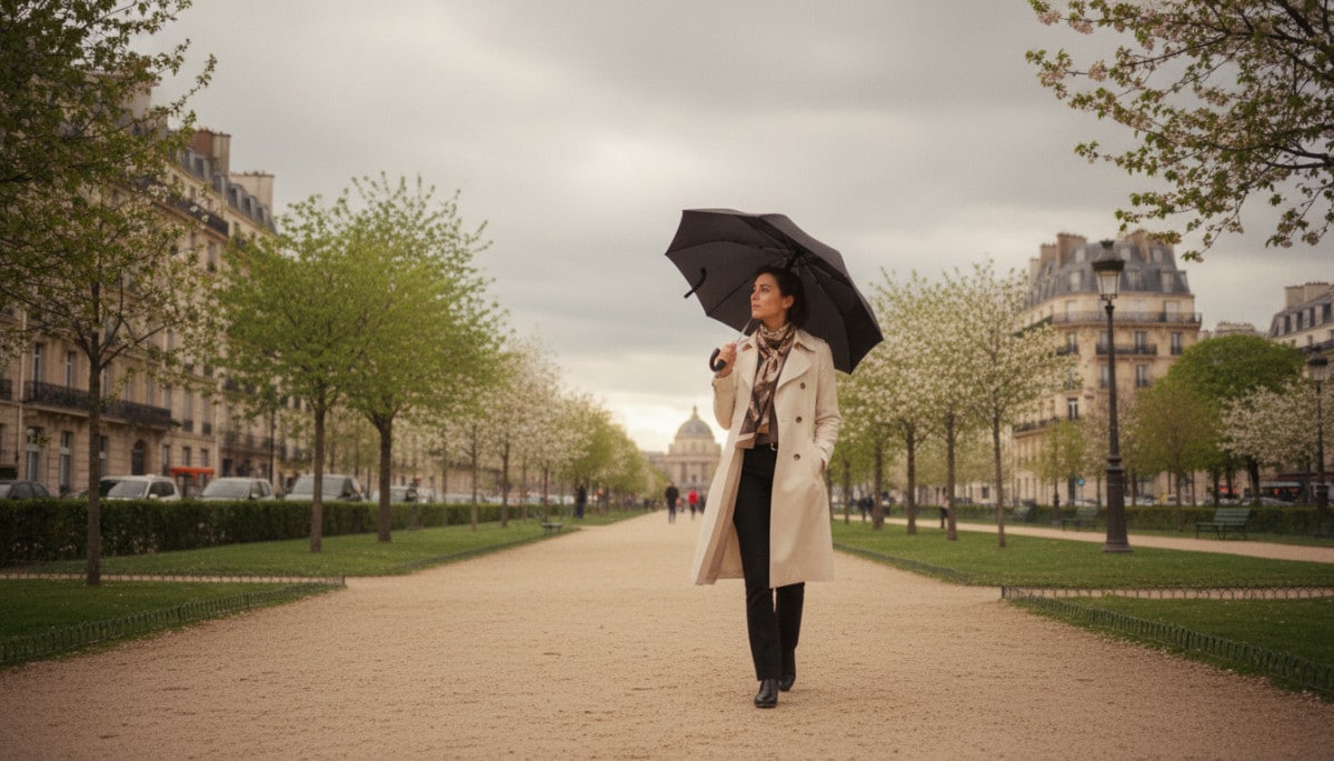 Femme avec parapluie sous ciel nuageux Paris printemps