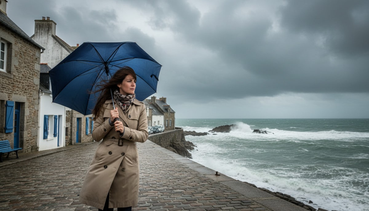 Femme avec parapluie sous les nuages bretons
