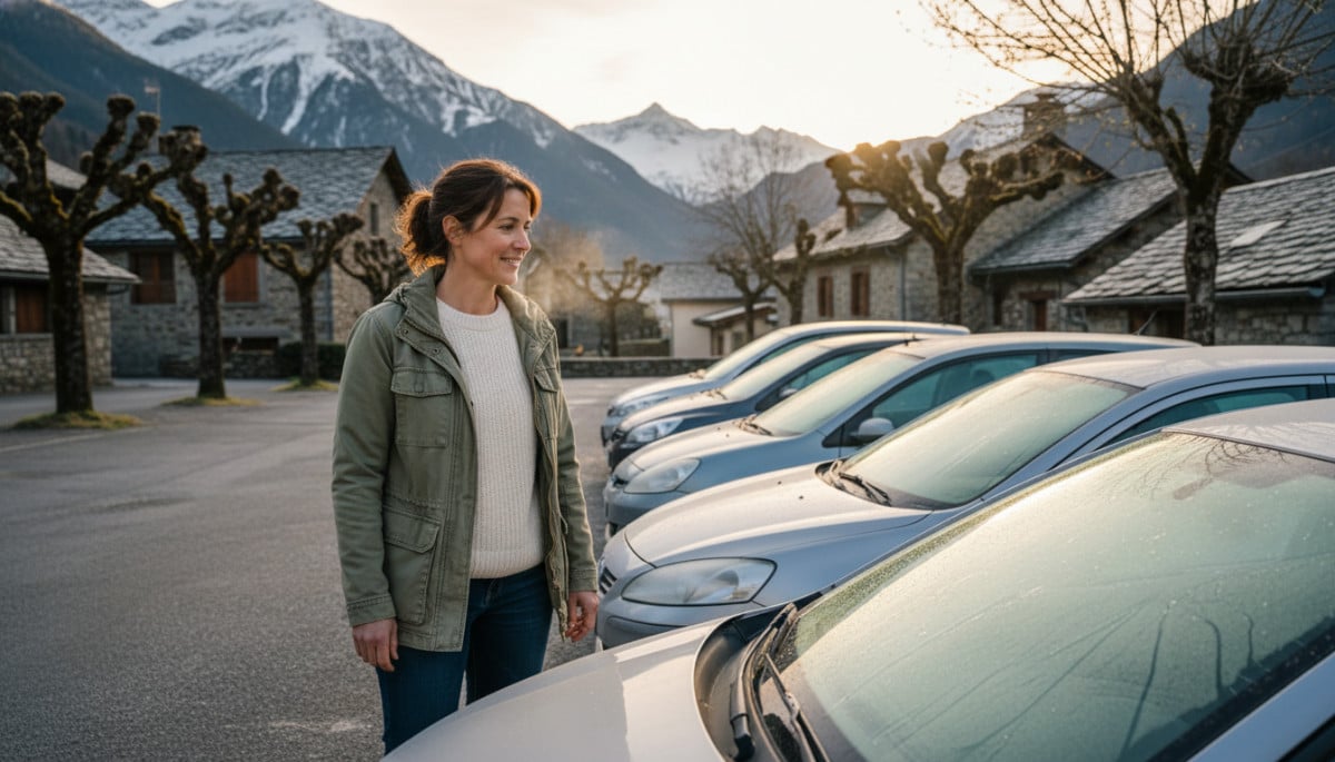 Femme avec veste devant voitures givrées au pied des montagnes