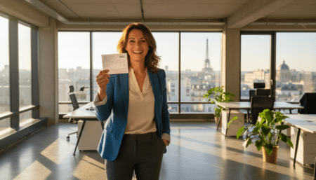 Femme cadre tenant une fiche de paie dans un bureau moderne