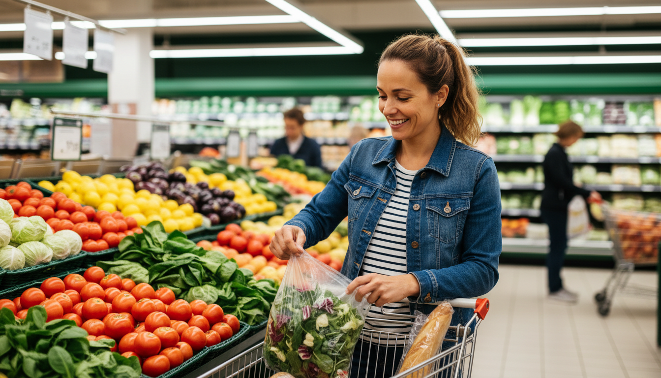 Femme choisissant un sachet de salade en supermarché
