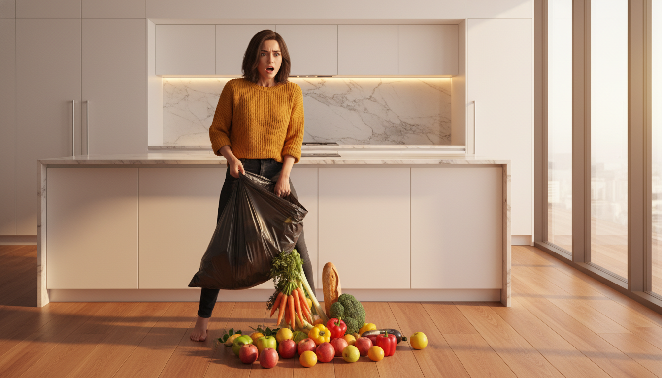 Femme choquée jetant des aliments frais à la poubelle