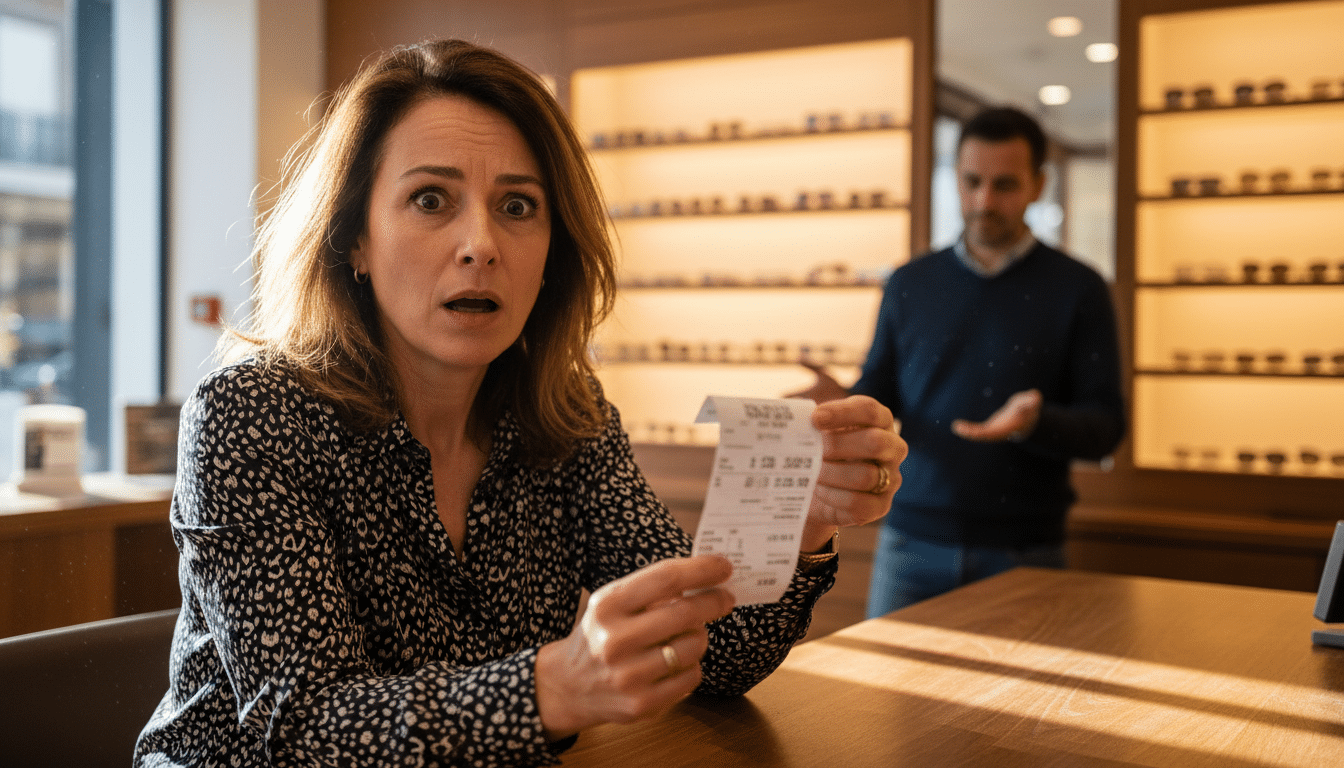 Femme choquée par le prix de ses lunettes chez l'opticien