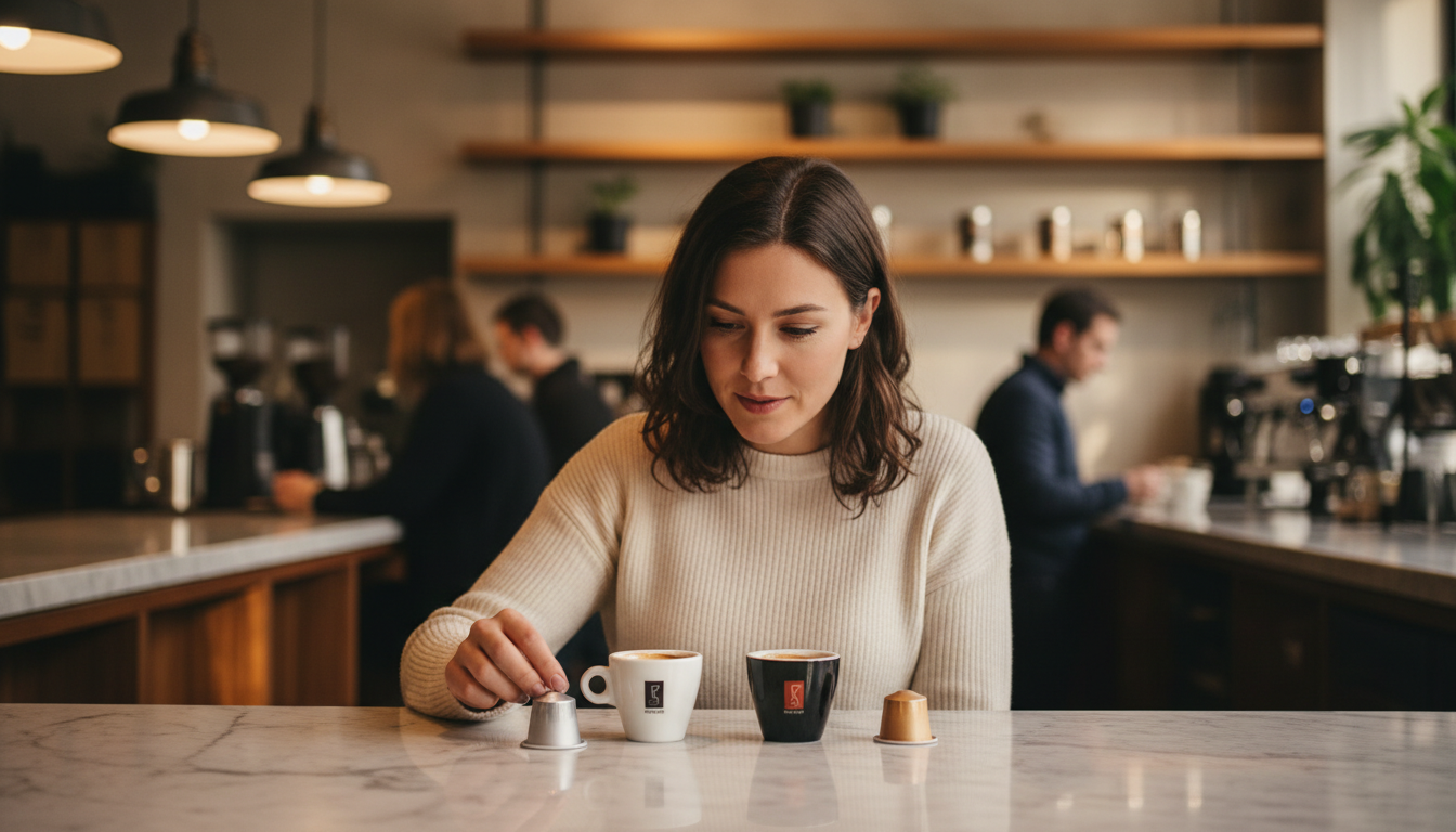 Femme comparant deux expressos de marques différentes
