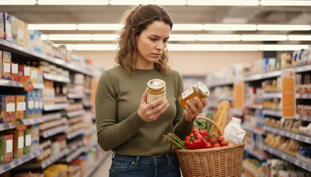 Femme comparant les prix au supermarché avec un panier de courses