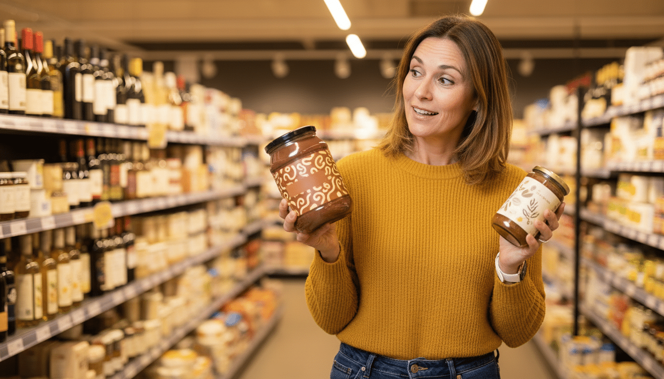 Femme comparant Nutella et pâte à tartiner bio en supermarché