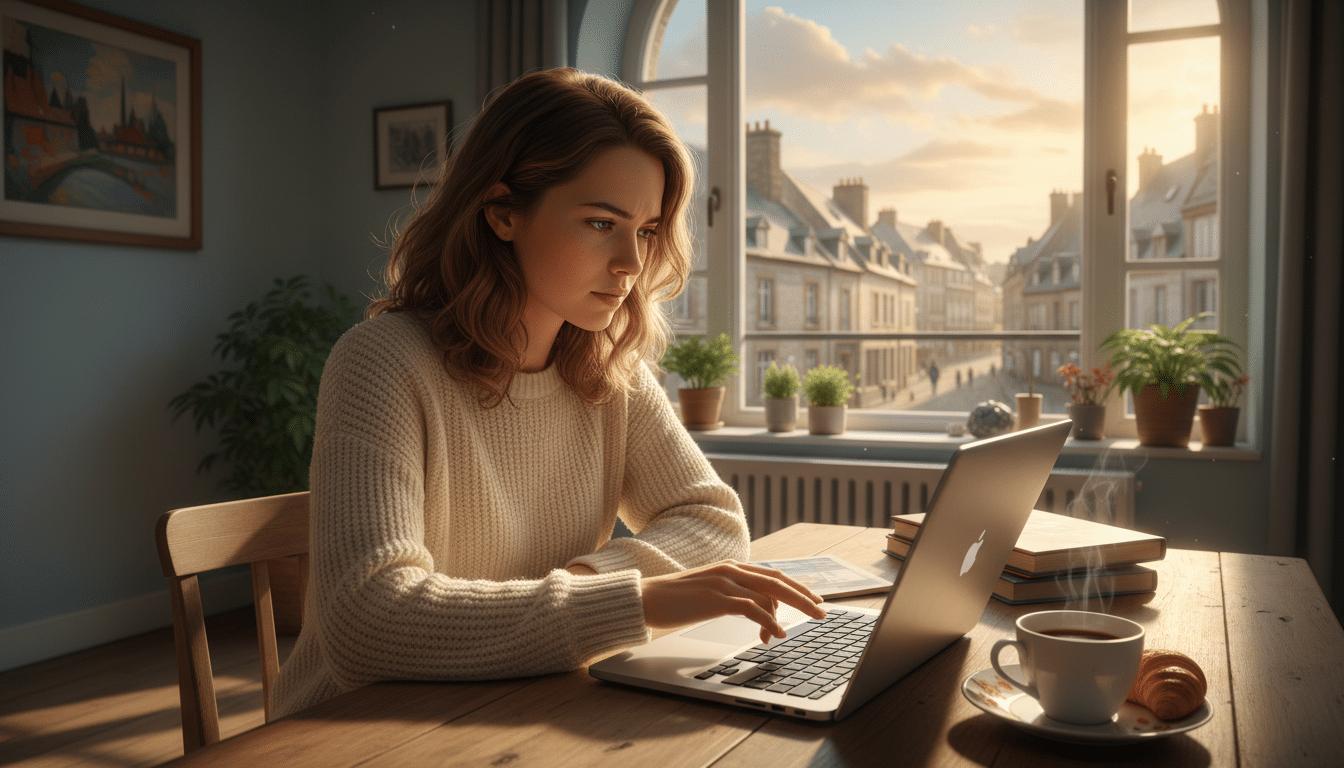 Femme consultant des annonces immobilières dans un appartement breton