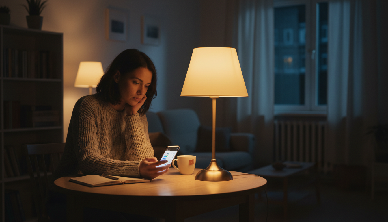 Femme consultant ses comptes bancaires le soir