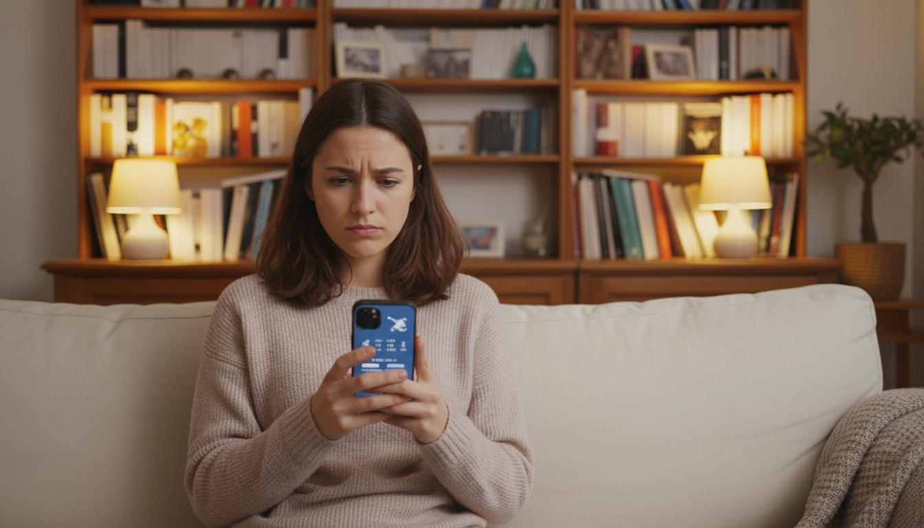 Femme consultant son application bancaire sur le canapé