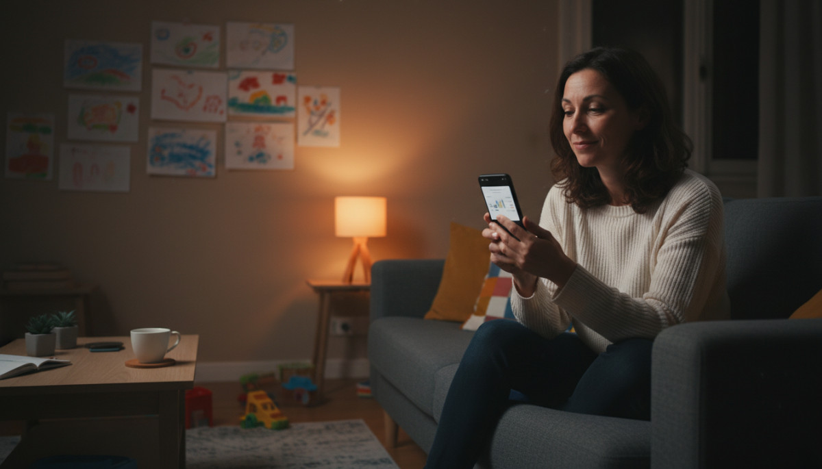 Femme consulte son application bancaire le soir